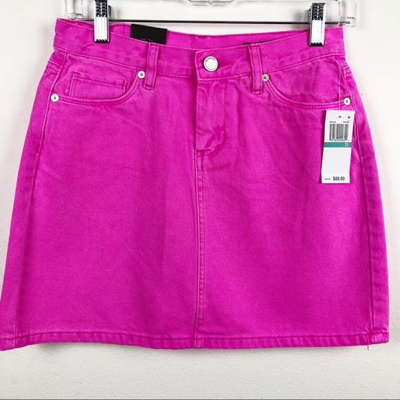 neon pink denim skirt